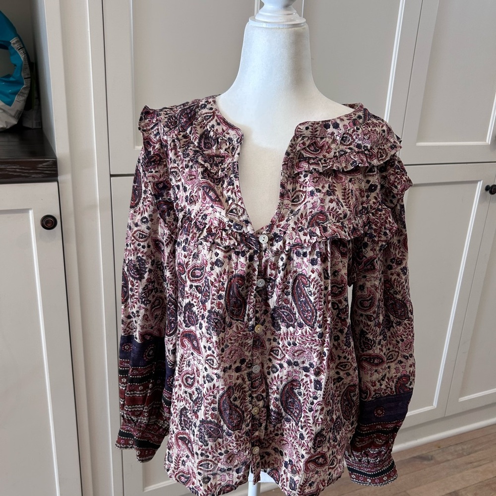 Cleobella Floral Paisley Blouse with Ruffle and metallic Details